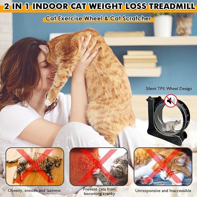 Upgraded 2 in 1 Cat Exercise Wheel，39.4" High Indoor Cat Running Wheel with Cat Scratcher, Cat Treadmill, TPE Silent Wheel, Wooden Cat Sport Exercise Wheel, Black