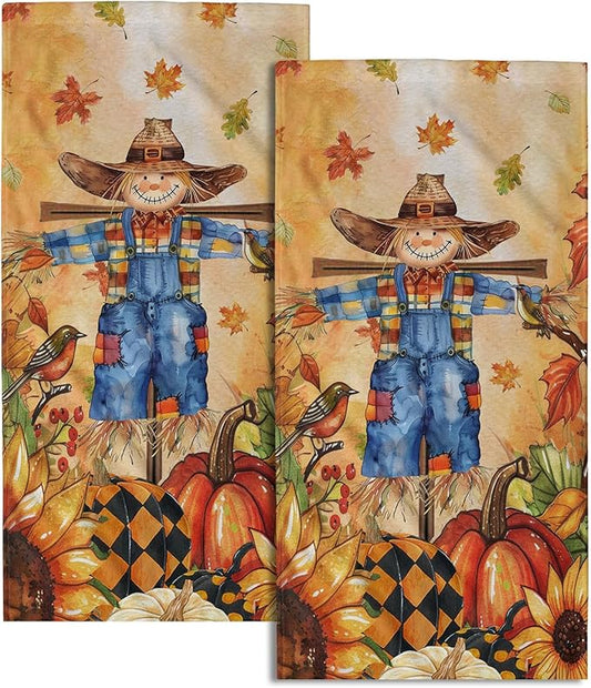 Giwawa Fall Scarecrow Hand Towels Set of 2 Autumn Pumpkin Bathroom Towel Seasonal Holiday Decorative Fingertip Towel Kitchen Fast Drying Washcloth