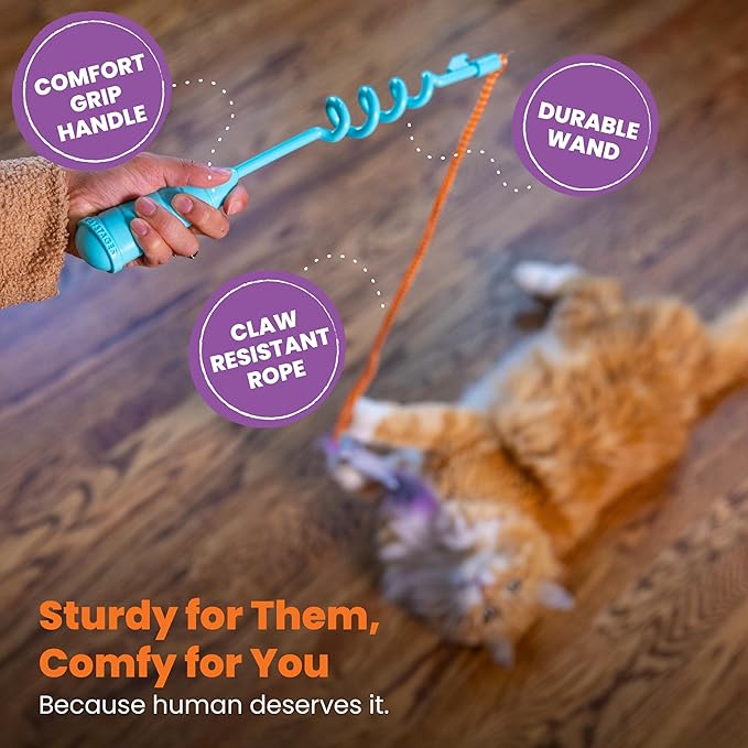 Catstages Cat-apult Spring Wand Durable and Interactive Cat Teaser Wand with Flinger Clip and Two Cat Toys, Catnip Toy and Pom Pom Ball, Blue