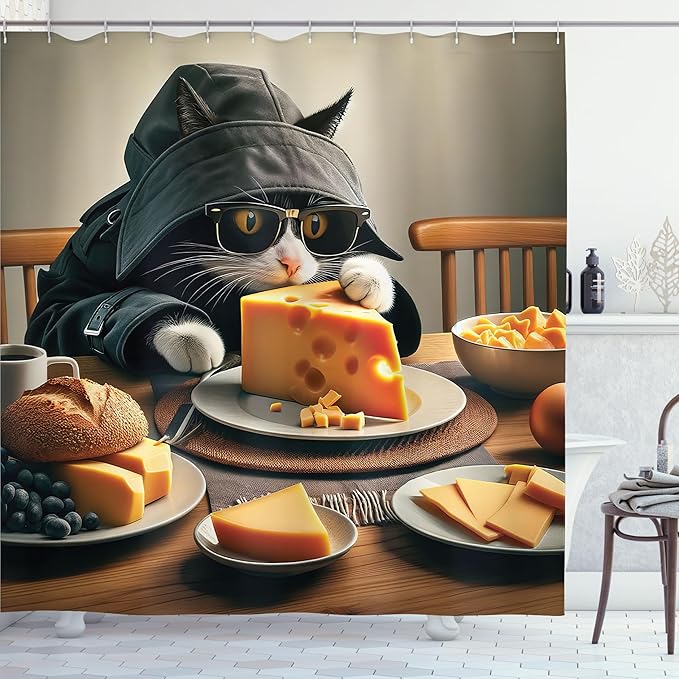 Ambesonne Cat Shower Curtain, Whimsical Kitty in a Mysterious Trench Coat Having a Feast with Cheese, Cloth Fabric Bathroom Decor Set with Hooks, 69" W x 70" L, Marigold and Charcoal Grey