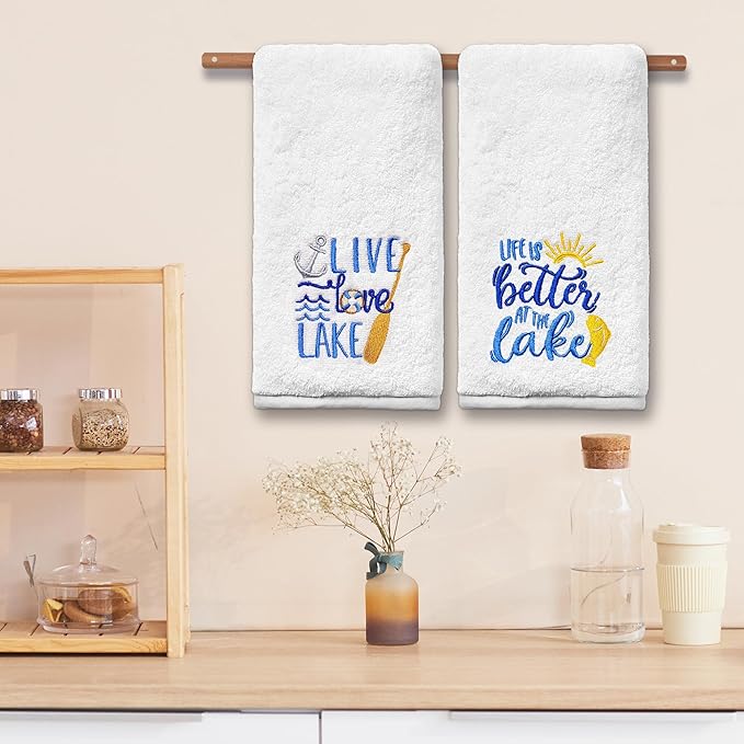 Lake Hand Towels for Bathroom Set of 2, Embroidered House Gifts Decor, Life Decorative New Home Tea Towels, 100% Cotton Soft Kitchen Towels 14x30 Inches