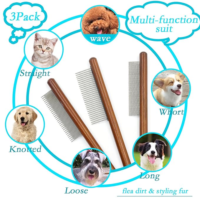 5-piece pet grooming set - solid wood hair removal brush with metal comb - hair removal comb, smoothing brush, and steel comb, used for combing and removing long and tangled hair on cats and dogs