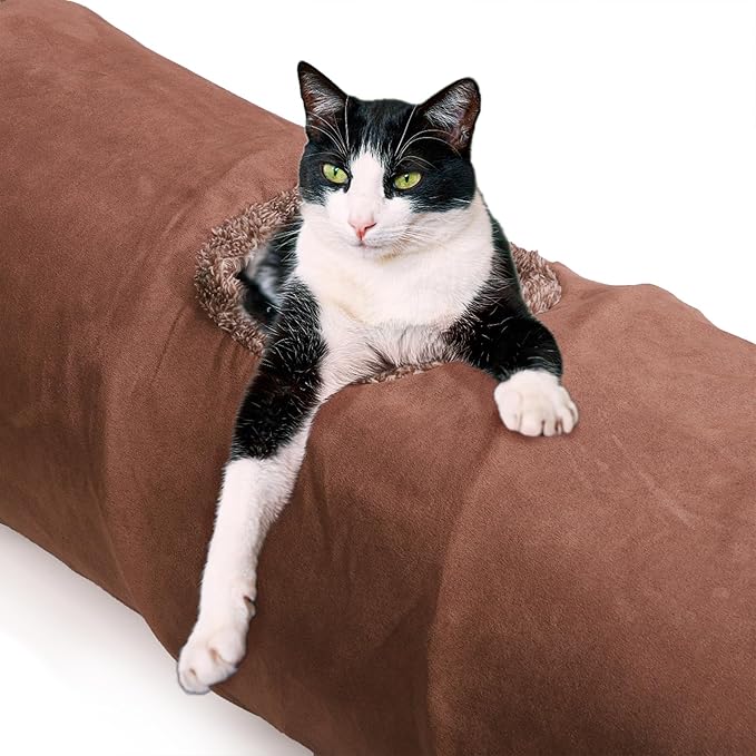 ZENFUN 51"x 12" Collasiple Cat Play Tunnel, Cat Tubes and Tunnels, Cat Foldable Hide and Seek Tunnel Toy, Brown Suede Pet Tube Toy for Rabbits, Ferrets, Puppy, Diameter 12 Inch