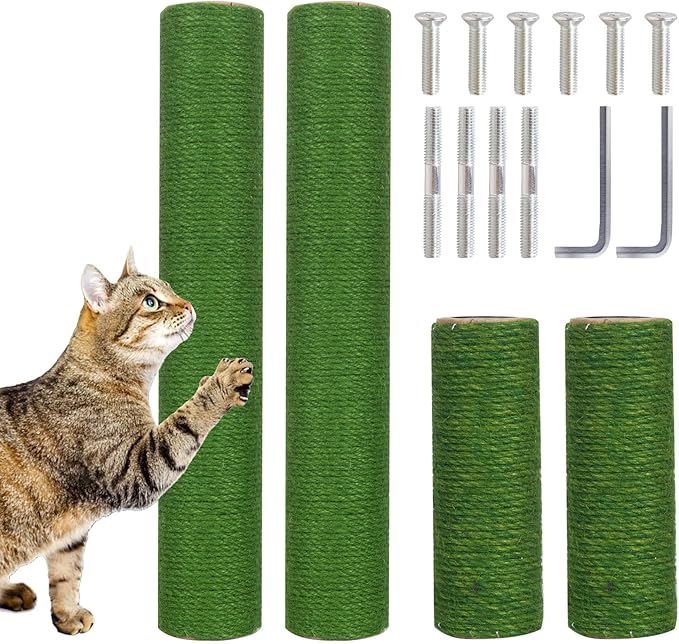 Barelove 4 Pack Cat Scratching Post Replacement, 15.7“ 7.9" Natural Sisal Rope Scratcher Posts Refill for Indoor Kittens Tower, Hemp Rope Scratch Pole Part Furniture Accessories with M8 Screws, Green