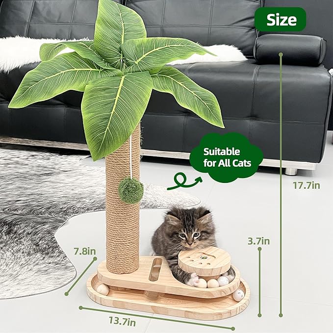 MEOWOOU Cat Scratching Post Cat Toys for Indoor Cats Cat Scratcher Kitten Toys 17.7in Scratch Post for Indoor Cats with Track Base & Balls Dangling Ball