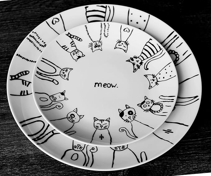 Cartoon Cat Porcelain 10.5-Inch Dinner Plate Set,Set of 2