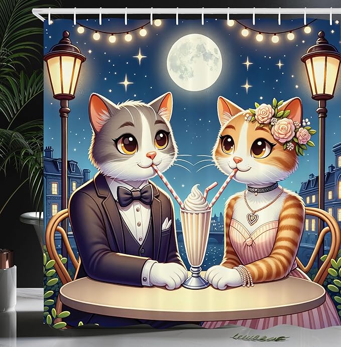 Ambesonne Cat Shower Curtain, Romantic Date Night of Kitties Drinking Milkshake Cozy Night Scene Valentines, Cloth Fabric Bathroom Decor Set with Hooks, 69" W x 70" L, Dark Blue Apricot