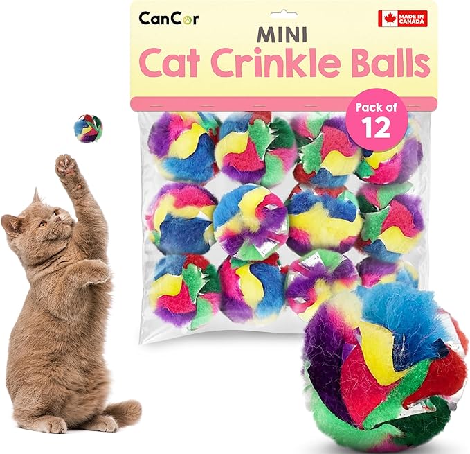 Cat Crinkle Balls 1.5 Inch (12-Pack) - Mini Crinkle Cat Toys for Indoor Cats - Multi-Color Crinkle Cat Toy - Cat Toys Crinkle Balls to Keep Fit and Active - Canadian-Made Crinkle Balls for Cats
