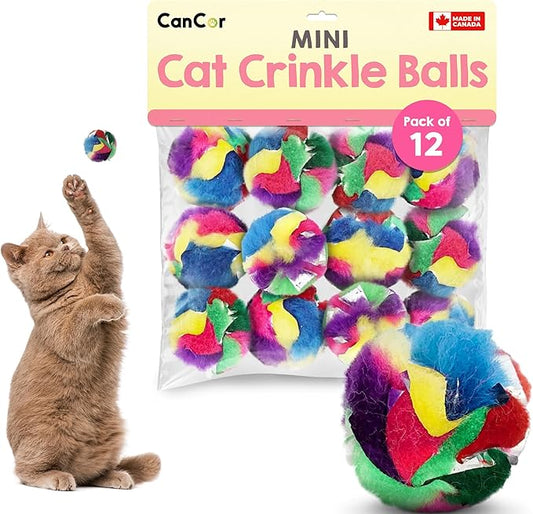 Cat Crinkle Balls 1.5 Inch (12-Pack) - Mini Crinkle Cat Toys for Indoor Cats - Multi-Color Crinkle Cat Toy - Cat Toys Crinkle Balls to Keep Fit and Active - Canadian-Made Crinkle Balls for Cats