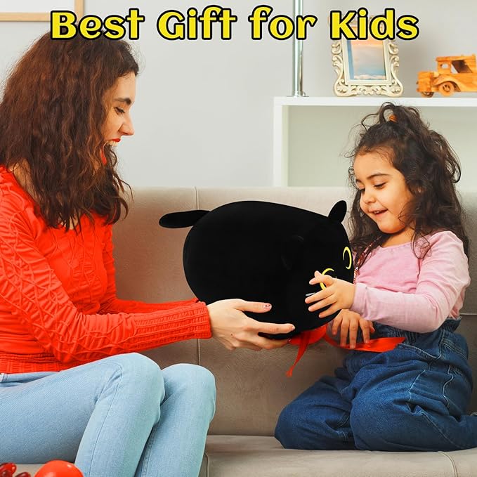 Cute Soft Plush Cat Plushie - 11.8'' Black Cat Stuffed Animal, Cat Plush Pillow for Kids, Girls & Boys
