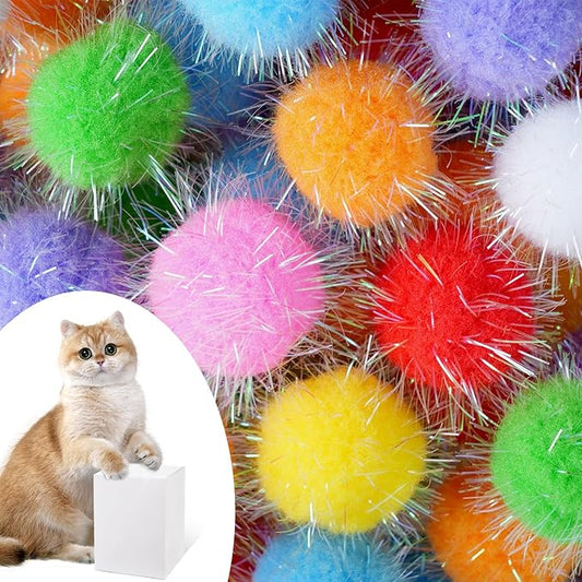 DF DUALFERV 60 Pcs Cat Pom Pom Balls, Interactive Pom Pom Cat Toys, Sparkle Balls for Cats, Extra Large Fuzzy Cat Balls for Exercise and Entertainment, Multicolor, 1.5 Inch