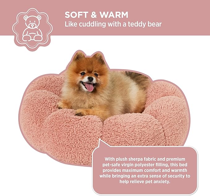 Lesure Calming Small Dog Bed - Flower Donut Round Fluffy Puppy Bed in Plush Teddy Sherpa, Non-Slip Cute Flower Cat Beds for Indoor Cats, Small Pet Bed Fits up to 25 lbs, Machine Washable, Pink 23"