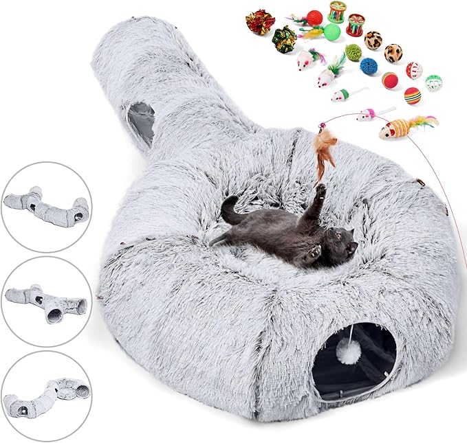 Odoland Cat Tunnels for Indoor Kitten Fluffy Cat Bed and Cat Cave Tunnels with 20 Cat Toys, Kittens Donut Tunnel and Variety Kitten Toy Set for Kitten/Puppy/Rabbit