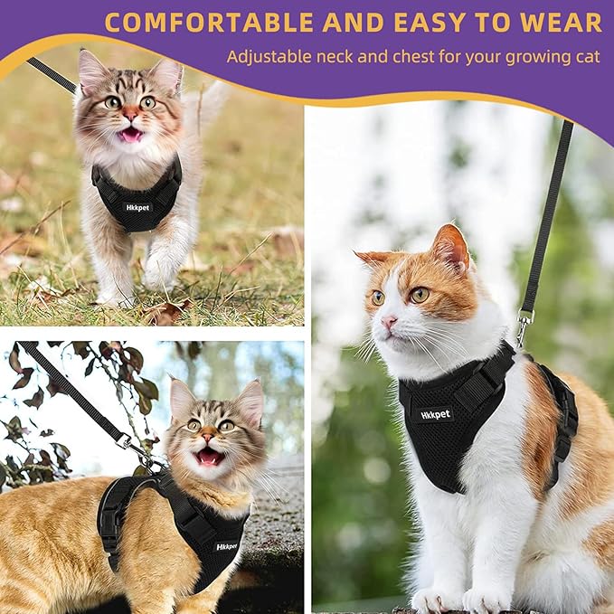 Adjustable Cat Harness and Leash Set for Outdoor Walking, Soft Breathable Mesh Cat Harness with Reflective Strips,Escape Proof Safe Cat Vest Harness, Black (M)