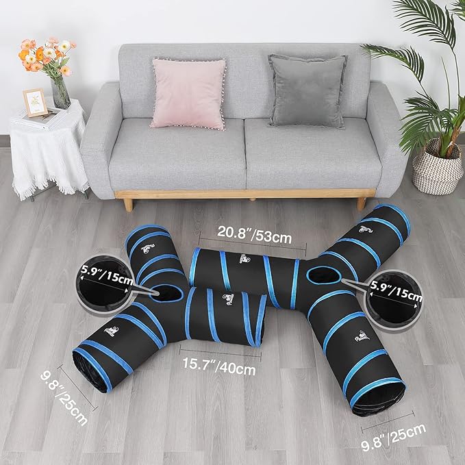 Pawaboo Cat Toys, Cat Tunnel Tube 3-Way Tunnels 25x53cm Extensible Collapsible Cat Play Tent Interactive Toy Maze Cat House Bed with Balls and Bells for Cat Kitten Kitty Rabbit Small Animal, Blue