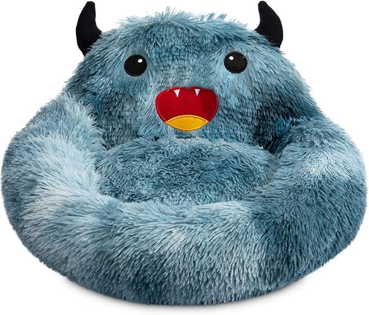 Hollypet Self-Warming Donut Pet Bed Luxury Cozy Nest Monster Sleeping Bed Round Faux Fur Bed for Cats, Blue