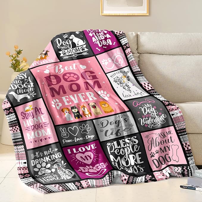 Dog Mom Blanket Gifts for Women, Soft Flannel Best Dog Mom Throw Blanket Birthday Gift for Dogs Owners Moms, Dogs Lovers Gifts for Women Girls 60"x50"