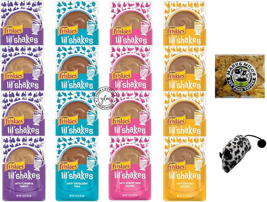 Lil' Shakes for Cats Variety Pack Marv & Milo's Bonito Fish Flakes & Catnip Mouse with 3 Each 1.55oz Pouches of Salmon, Tuna, Chicken, Turkey Flavors