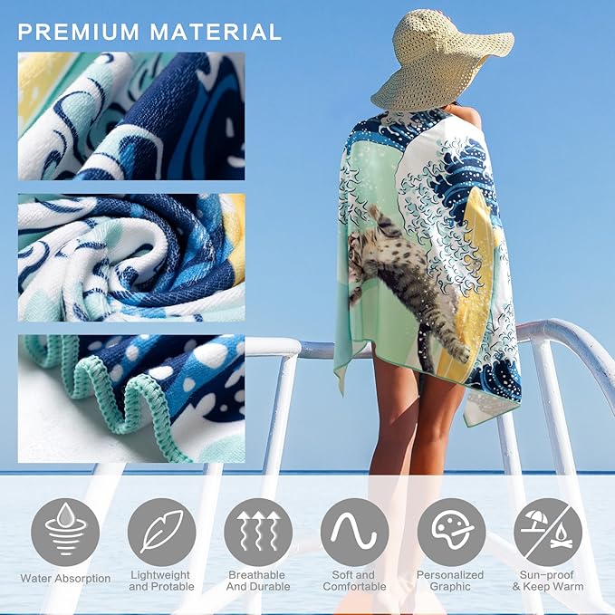 Funny Cat Beach Towel, Surfer Cat Beach Towel Battle Blue Ocean Great Wave Cotton Blend Soft Velour Absorbent for Kids Men Women Camping Towel for Gym, Hiking, Pool, Bath, Yoga,Travel Vacation
