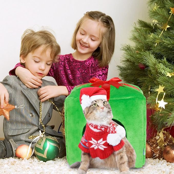 ShellKingdom Christmas Cat House, Cat Cave, Cute Shape Cat Beds for Indoor Cats, Xmas Gift Box Cat Cube with Bed Cushion for Small Pet, 13.77 X 13.77 INCHES (Gift Box Shape)