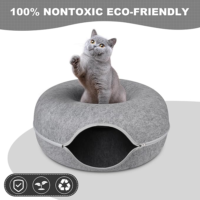 Peekaboo Cat Cave,Cat Tunnel Bed for Indoor Cats - L - 24 * 24 * 11 inch,Cat Donut Tunnel for Pet Cat House,Detachable Round Cat Felt & Washable Interior Cat Play Tunnel