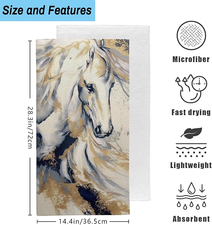 Golden Horse Oil Painting Kitchen Hand Towel Set of 2,Abstract Art Painting Bathroom Hand Towel,Soft Absorbent Decorative for Bathroom Kitchen Hotel