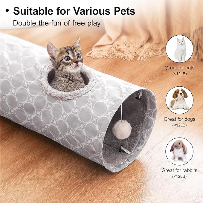 Love’s Cabin Straight Cat Tunnel Tube Fleece-Lined in for Warmth, Cat Tunnels for Indoor Cats Collapsible with Balls, for Rabbits, Kittens, Puppy, Geometric Cat Toys Large Diameter 11 Inch Grey