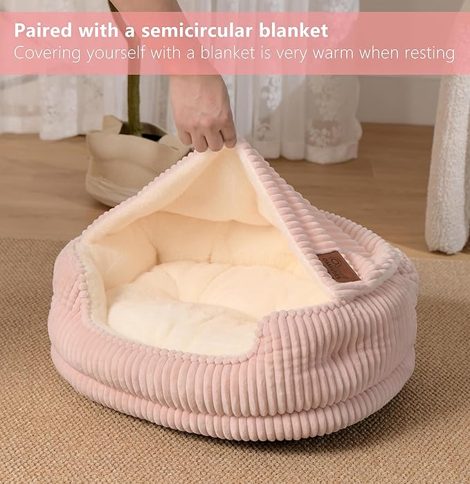 Cat Beds for Indoor Cats,with Soft Hooded Blanket.Comfortable Cute cat Bed,Removable Inner pad Washable with Non-Slip Bottom,Cozy Kitten、Small Dog Bed (Pink)