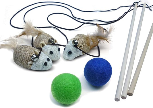 Cat Teaser Wand Toys - Plus 2 Wool Felt Ball Toys, Sisal Mice with Bell, Feather, Elastic String, Sturdy Wood Stick, Interactive Fun, Cat Kitten Catcher Mouse Cat Toy