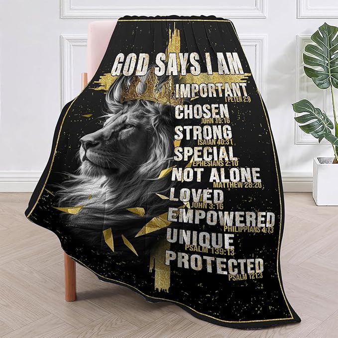 Christian Gifts for Men, God Says i Am Lion Blanket 80"x60", Inspirational Religious Birthday Gifts for Lion and cross Blanket, Christian Faith Jesus God Prayer Bible Verse Gift for Christmas
