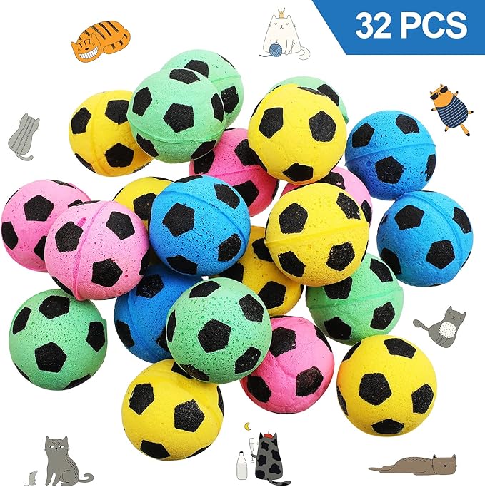 Skylety 32 Pieces Foam Sponge Football Cat Interactive Cat Soccer Toy Sports Ball for Cat Kitten Pet
