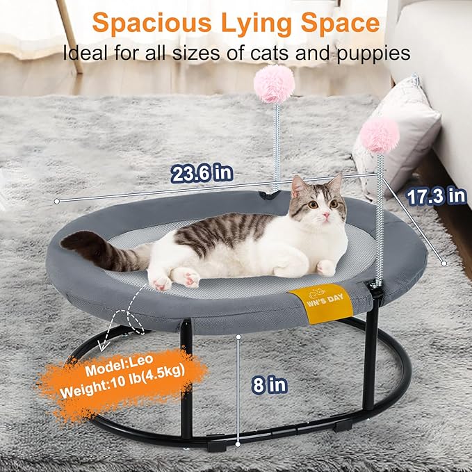 Cat Bed Elevated Cat Hammock for Indoor Outdoor Large Cats, Cat Dog Raised Pet Bed Stable & Breathable Easy Assembly, Small Outdoor Cat Bed for Sleeping Kittens Dog Oval Cat Hammock with Toy Ball,Grey
