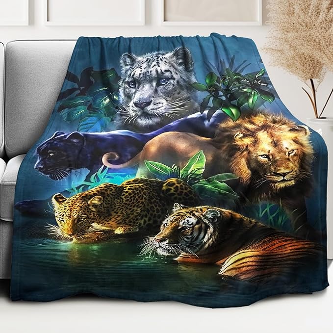 HommomH 50"x80" Jungle Animals Blanket Soft Cozy Fleece Throw for Couch Sofa Bed Tiger Leopard Lion Panther Print