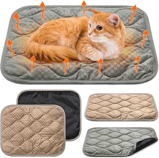 4 Pack Self Warming Cat Bed 16 x 20 Self Heating Cat Mat Warm Thermal Pet Pad Washable Dog Crate Pad Body Heat Dog Cat Bed Mat Blanket Non Slip Bottom for Outdoor Indoor Pets(Grey,Camel)