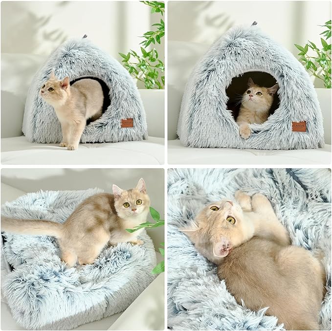 CATISM Cat Bed, Cat Cave for Indoor Cats, Soft Cat Dome, Self-Warming 2 in 1 Foldable Pet Cat House with Washable Cushioned Pillow Calming Fluffy Dog Beds for Small Dogs with Anti-Slip Bottom Gray