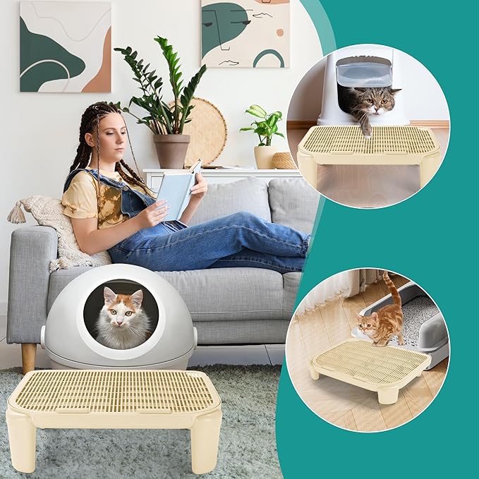 BALAPET Adjustable Cat Ramp for Litter Box Elevated Cat Litter Ramp for Cat Litter Boxes Double Layered Litter Trapper with Filter Function Cat Steps Suitable for Small & Elderly Cats (Beige)