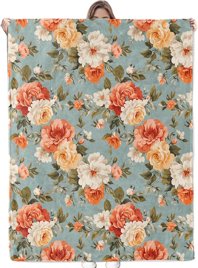 Beautiful Floral Blanket - Ultra Soft & Cozy Flannel Throw Blankets with Flowers, Warm, Lightweight & Fuzzy - Perfect for Bed, Couch, Travel & Outdoor Use - for Men Women Adults 60"×50"