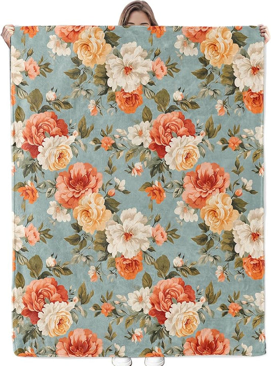 Beautiful Floral Blanket - Ultra Soft & Cozy Flannel Throw Blankets with Flowers, Warm, Lightweight & Fuzzy - Perfect for Bed, Couch, Travel & Outdoor Use - for Men Women Adults 60"×50"