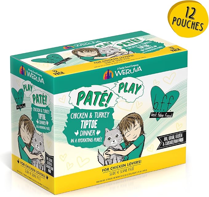B.F.F. PLAY - Best Feline Friend Paté Lovers, Aw Yeah!, Chicken & Turkey Tiptoe with Chicken & Turkey, 3oz Pouch (Pack of 12)