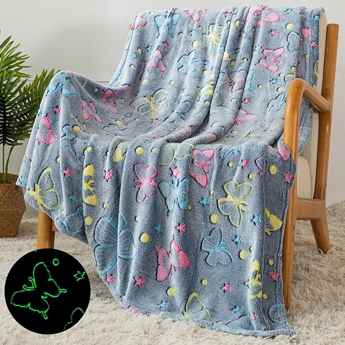 Glow in The Dark Girls Blanket, Butterfly Blanket Gifts Toys for 3-12 Year Old Toddler Teen Daughter Valentines Birthday Christmas Decor 50"x60"