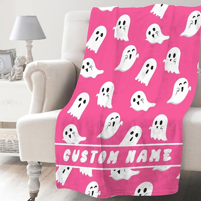 Cute Little Funny Ghost Custom Blanket Pink Ghost Spooky Personalized Throw Blankets Gifts for Girl Boy Flannel Fleece Halloween Customized Throw Blankets for Bed Couch Chair 120x90In Extra Large