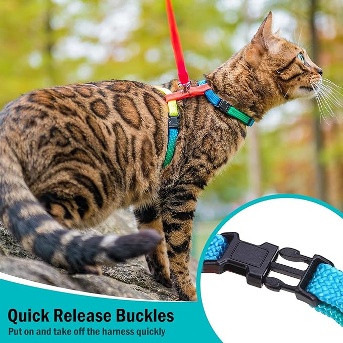 PUPTECK Adjustable Cat Harness and Leash Set Escape Proof Kitten Strap Collar for Walking Travel, Multicolor