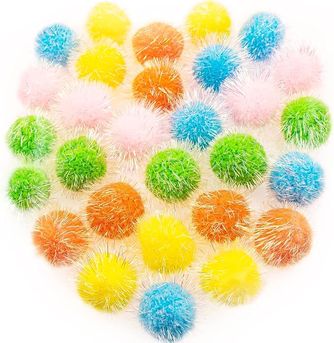 VAPKER 30 Pcs Cat Ball Toys Sparkle Balls Extra Large 2 Inch Cat's Favorite Chase Glitter Ball Glitter Tinsel Pom Poms Balls Assorted Color