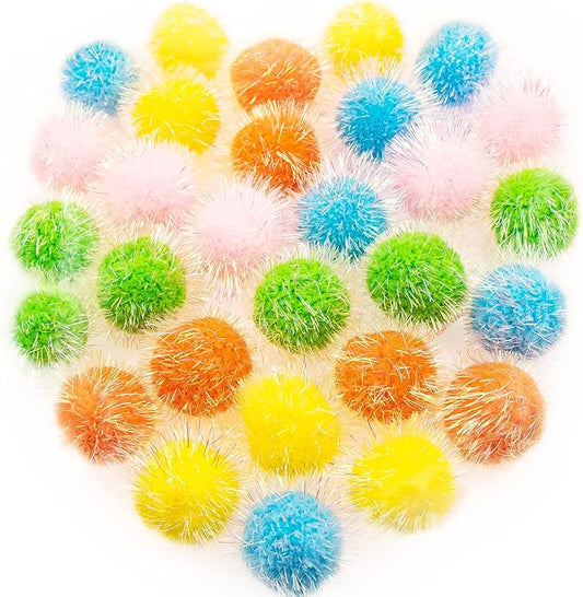 VAPKER 30 Pcs Cat Ball Toys Sparkle Balls Extra Large 2 Inch Cat's Favorite Chase Glitter Ball Glitter Tinsel Pom Poms Balls Assorted Color