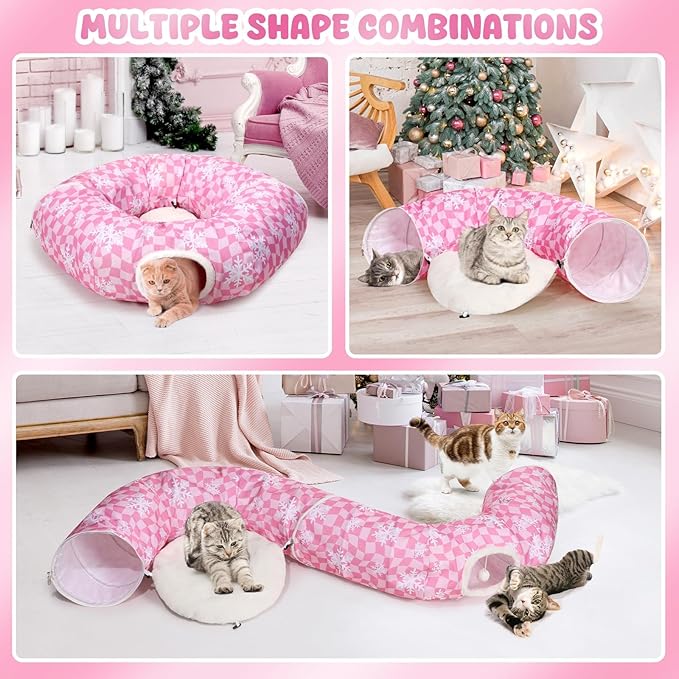 Pink Cat Tunnel Bed Peekaboo Cat Cave Donut Under Christmas Tree Pink Checker with Snowflakes Festive Decor Perfect for Small Medium Large Cats, Kittens, Rabbit, Ferret