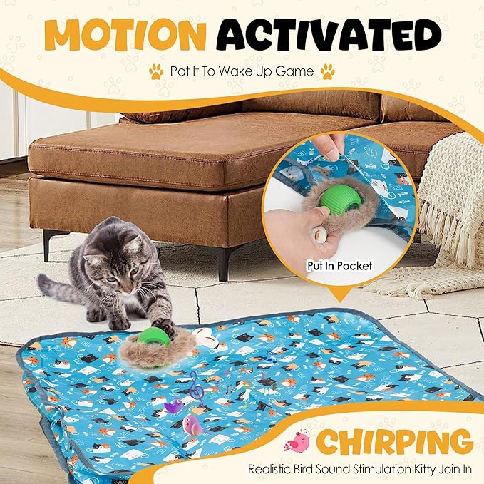 Cat Toys for Bored Indoor Adult Cats, 3rd Gen Interactive Cat Toy, Fast Rolling Ball in Play Mat, Cat Enrichment Toys for Indoor Cats, Hide and Seek Mouse Catching Game, Kitten Toys