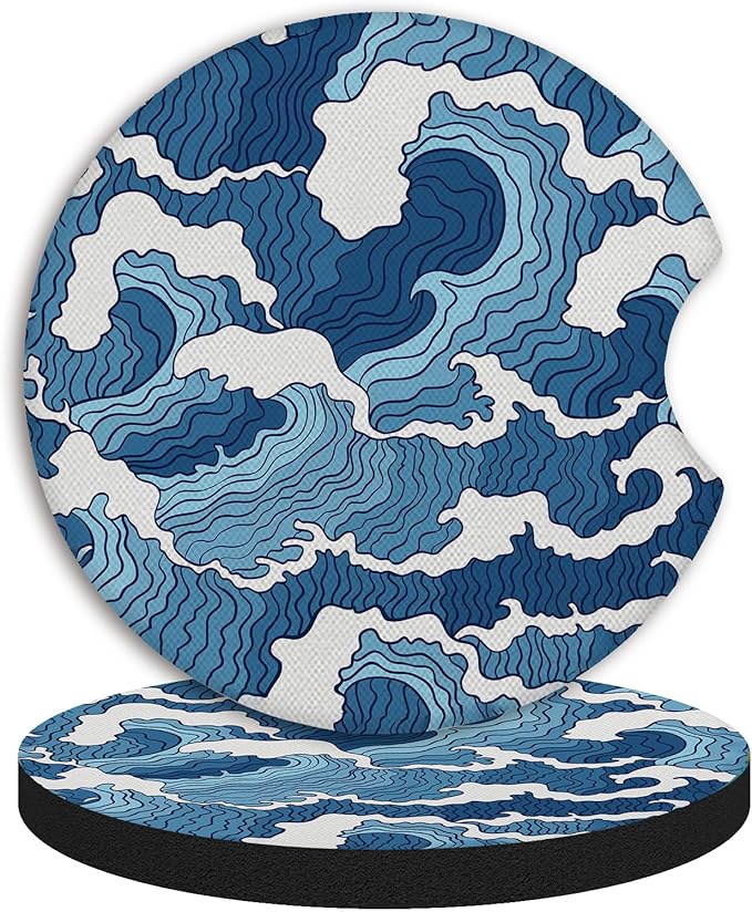 2pcs Car Cup Holder Coasters Sea Wave Pattern Car Coasters，Universal Auto Anti Slip Coasters,Rubber Car Coasters with A Finger Groove, Cute Car Accessories for Women&Men