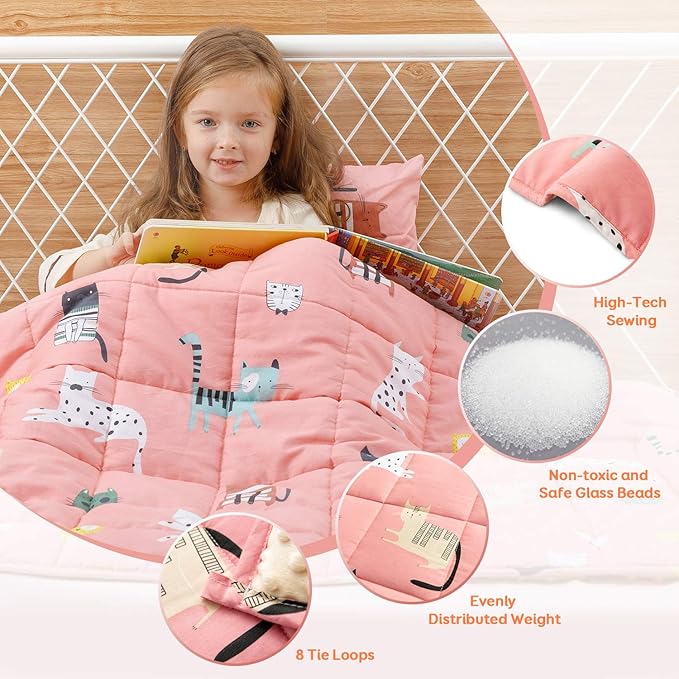 Uttermara Weighted Blanket 3 lbs, Ultra Cozy Minky Fleece and Cotton Sided with Cartoon Patterns, Reversible Heavy Blanket Great for Calming and Sleeping, 36x48 inches, Pink Cat