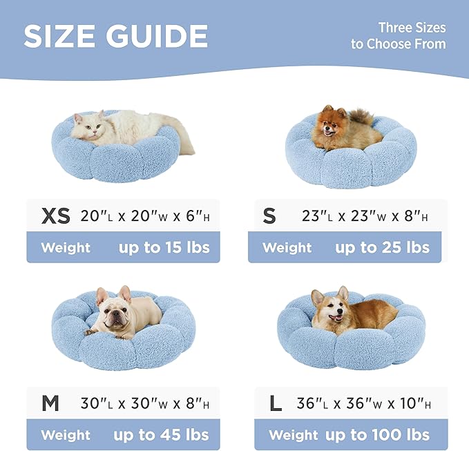 Lesure Calming Small Dog Bed - Flower Donut Round Fluffy Puppy Bed in Plush Teddy Sherpa, Non-Slip Cute Flower Cat Beds for Indoor Cats, Small Pet Bed Fits up to 25 lbs, Machine Washable, Blue 23"