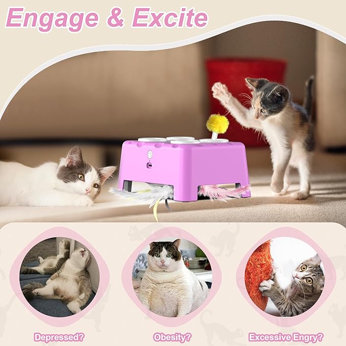Cat Toys, Interactive Cat Toys, 2-in-1 Automatic Cat Toy, 4 Holes Mice Whack A Mole Cat Mouse Toy with Moving Feather, Portable USB Rechargeable Electronic Kitten Toys (Pink)